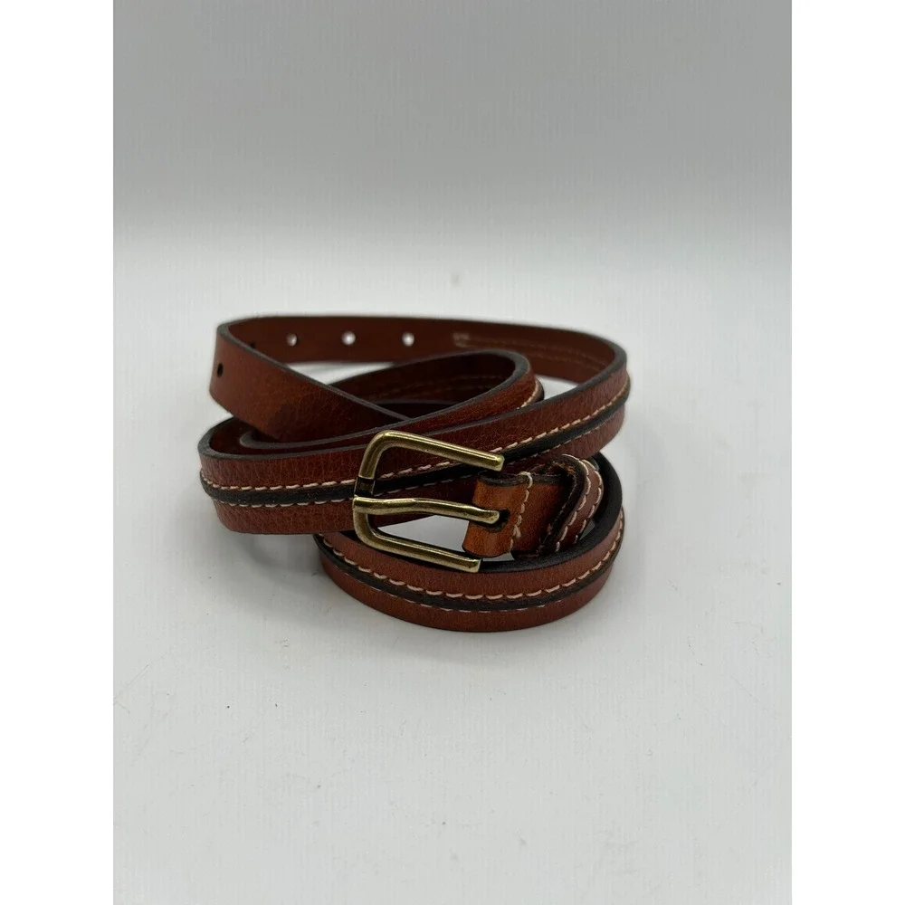 Lands End SKinny Leather Belt Women XL Cognac Brown Contrast Stitch Brass Buckle